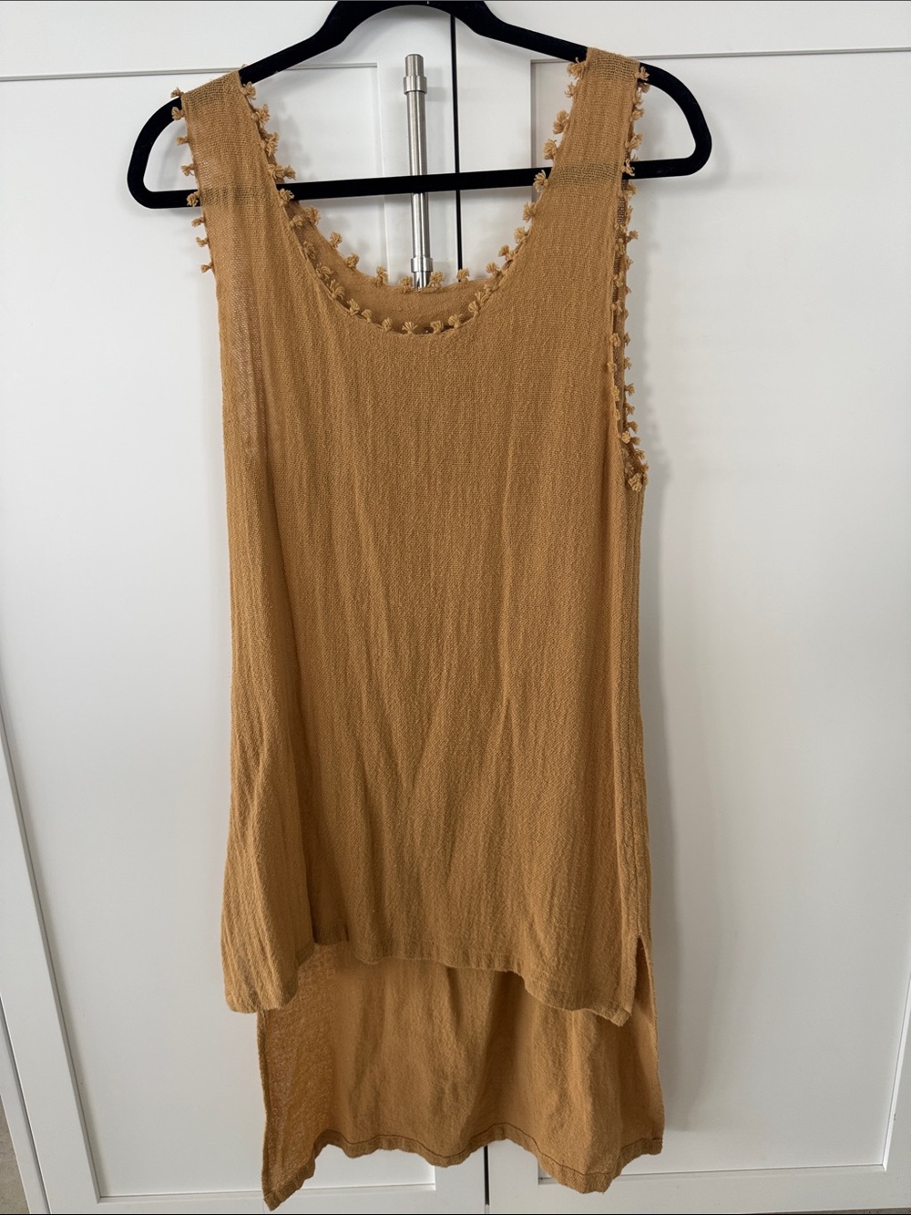 Caravana Textured Sleeveless Tunic with Pom-Pom Trim in Camel
